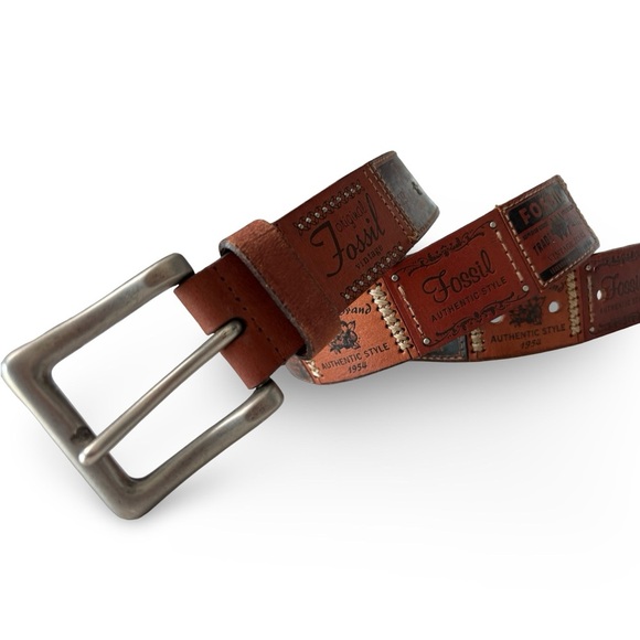 Rare Y2K VTG Fossil 54 Logo Patchwork Leather Belt | Size Medium M - Picture 5 of 14